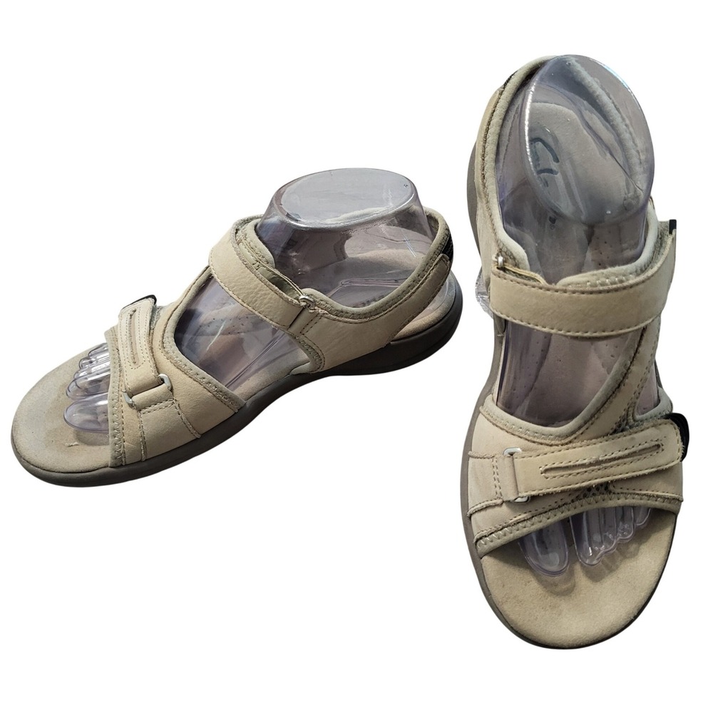 Clarks Women Beige Leather Adjustable Strap Sport Sandals Walking Shoe Comfort 8